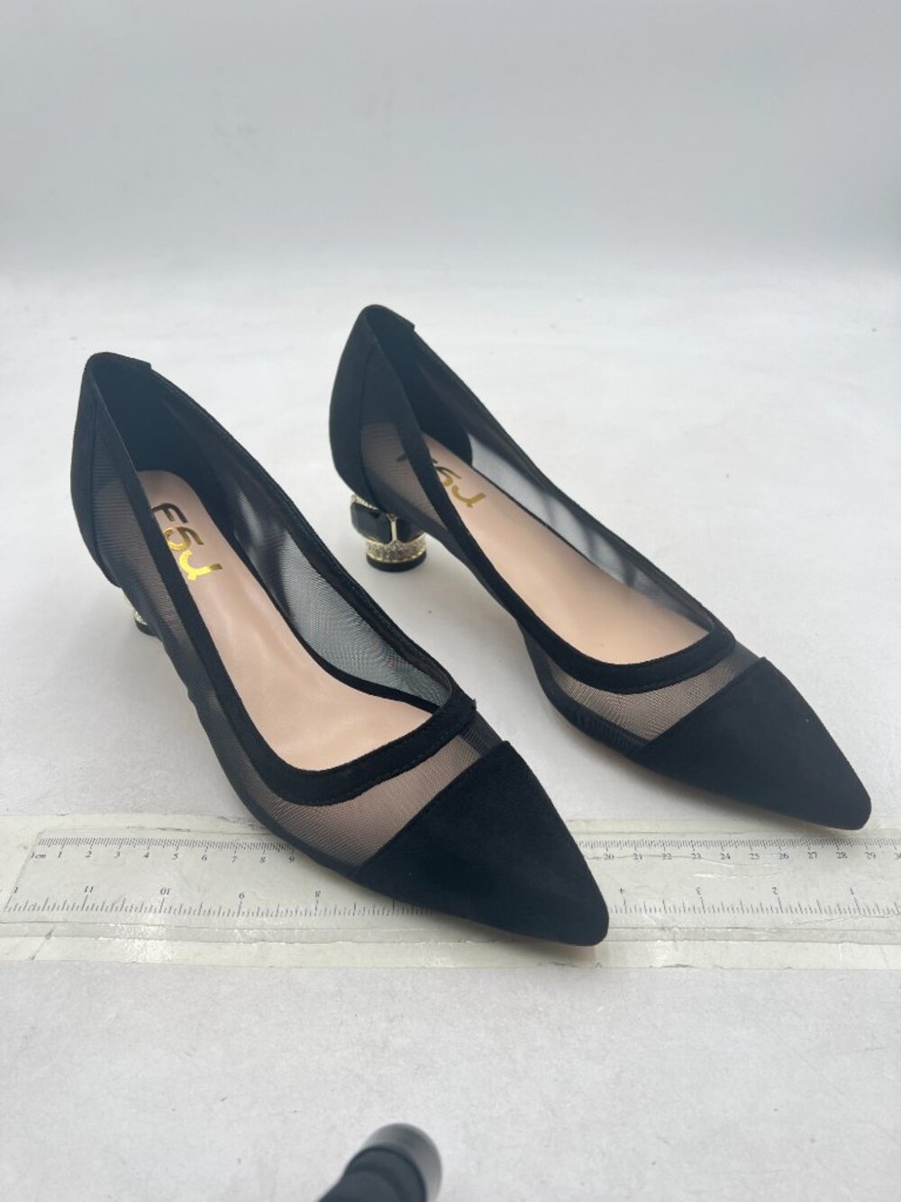 FSJ Black Mesh Pointed Toe Chunky Low Heel Crystal Pumps Slip on Wedding Shoes - Picture 4 of 8